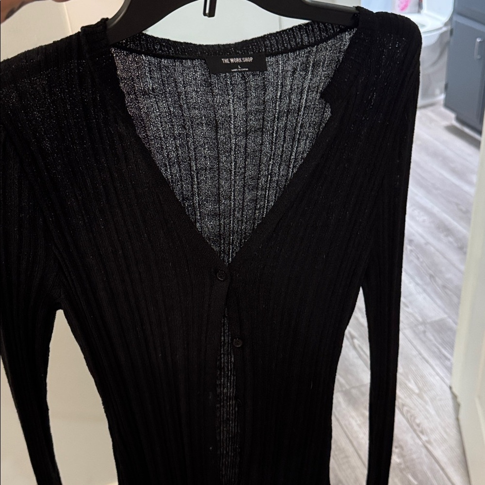 Black Ribbed Button-Up Cardigan - Picture 7 of 8